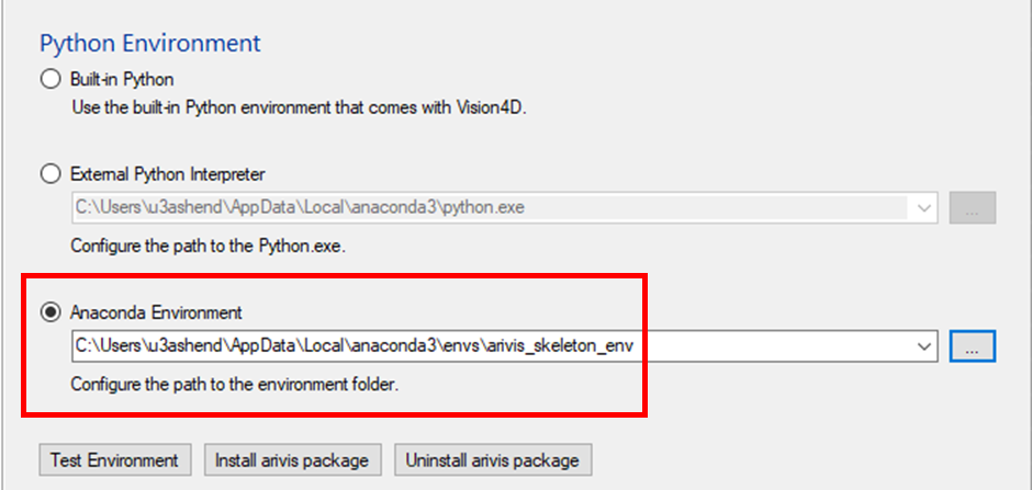 Python Environment dialog showing 'Anaconda Environment' selected and path to arivis_skeleton_env