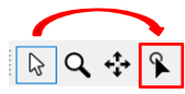 Cursor mode icons with white arrow, magnifier, move cross, and highlighted black pointer icon with red curved arrow.