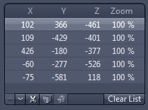 table-like panel showing columns X Y Z Zoom with numeric coordinate rows and a Clear List button