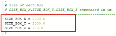 Code snippet showing SIZE_BOX_X = 2000.0 SIZE_BOX_Y = 2000.0 SIZE_BOX_Z = 700.0