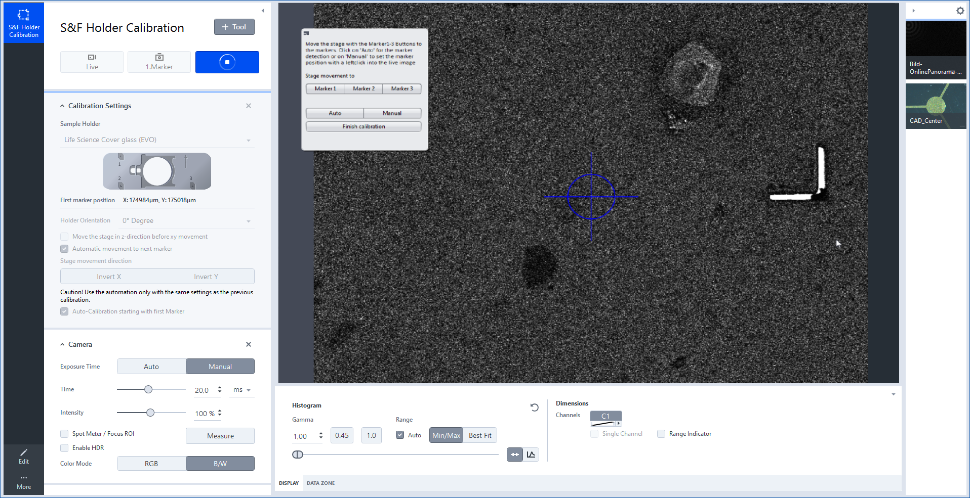 S&F Holder Calibration live view with blue target crosshair and white L-shaped marker at right, left settings panel visible
