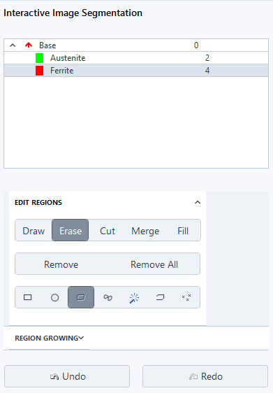 Interactive Image Segmentation panel showing Base list with Austenite 2 and Ferrite 4 and Edit Regions buttons