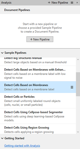 Analysis panel listing Document Pipelines and Sample Pipelines; 'Detect Cells Based On Membranes' highlighted