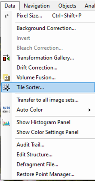 Software Data menu listing options with Tile Sorter... highlighted