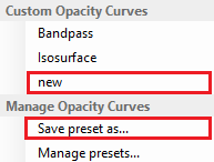 Custom Opacity Curves menu listing 'Bandpass', 'Isosurface', 'new' and 'Save preset as...' highlighted in red