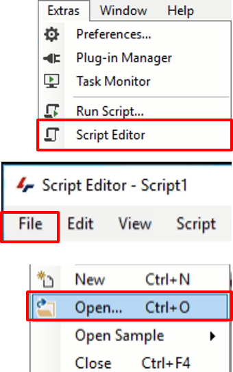 Application menus: 'Script Editor' highlighted; 'File' menu open with 'Open... Ctrl+O' highlighted