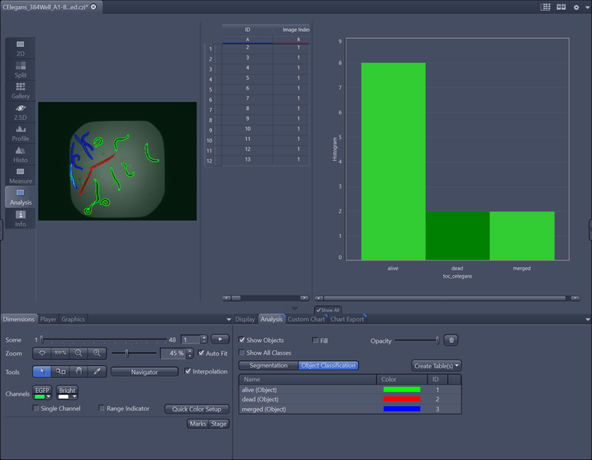 Screenshot of CElegans image with red, green and blue segmented objects and a histogram labeled alive, dead, merged