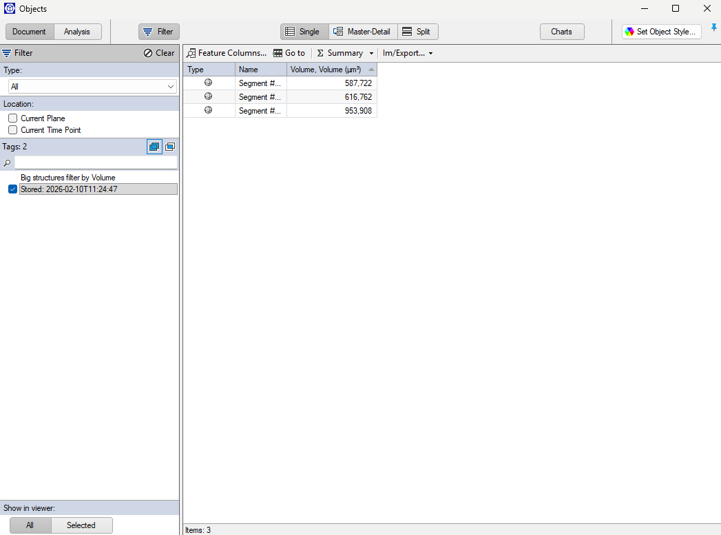 Objects window showing table with three Segment # entries and Volume values 587,722; 616,762; 953,908
