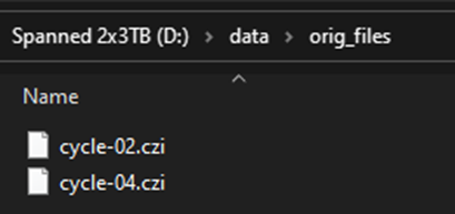File explorer listing cycle-02.czi and cycle-04.czi in orig_files folder on D: drive