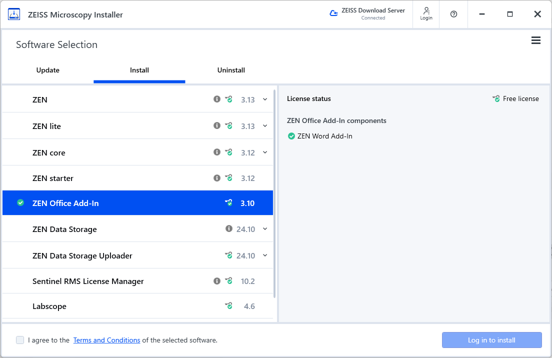 ZEISS Microscopy Installer window showing Software Selection with ZEN Office Add-In selected and License status