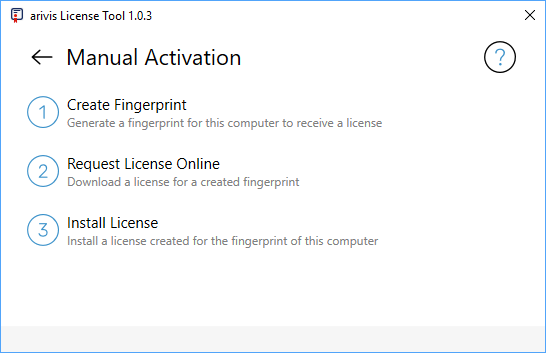 arivis License Tool 1.0.3 'Manual Activation' screen listing Create Fingerprint, Request License Online, Install License