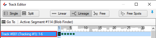 Track Editor window with Track #001 (Tracking #1): 1-6 highlighted by red outline and timeline with green spots