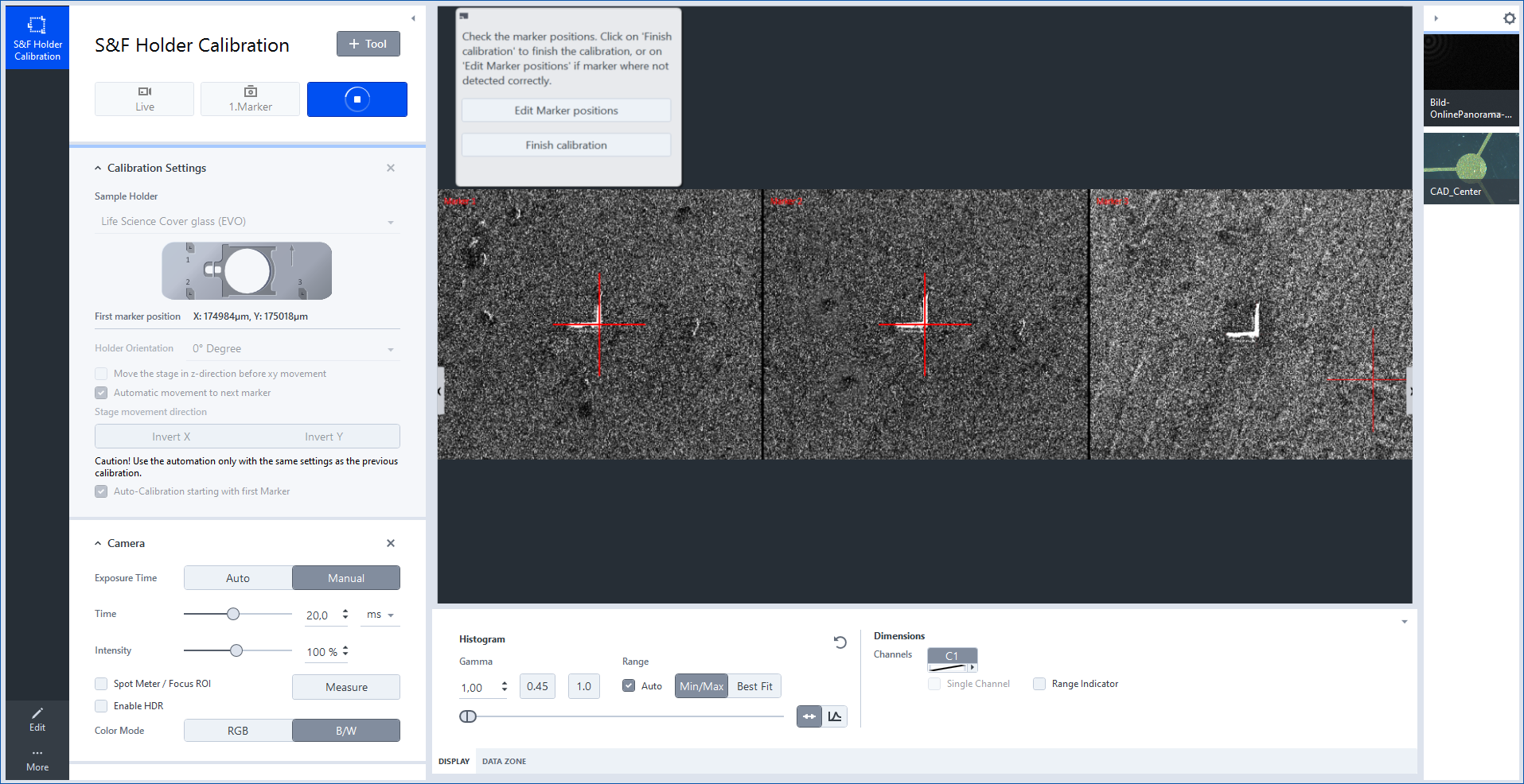 Calibration preview with three marker images showing red crosshairs and left panel listing first marker position X:174984µm, Y:175018µm