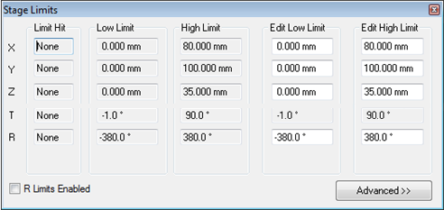Stage Limits dialog showing rows X Y Z T R with numeric low and high limits and R Limits Enabled checkbox