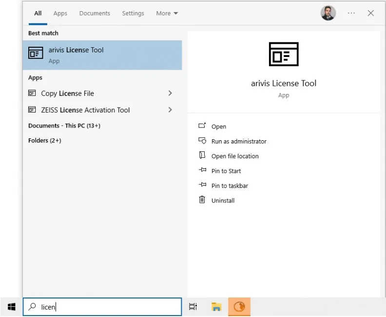 Windows Start search highlighting arivis License Tool app with options like Open and Run as administrator