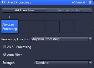 Direct Processing window: Airyscan Processing selected; Auto Filter checked; Strength Standard
