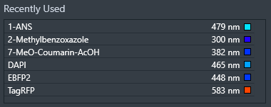 Recently Used list showing 1-ANS 479 nm, 2-Methylbenzoxazole 300 nm, 7-MeO-Coumarin-AcOH 382 nm, DAPI 465 nm, EBFP2 448 nm, TagRFP 583 nm
