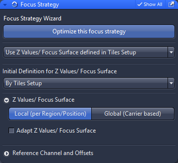 Focus Strategy dialog: 'Optimize this focus strategy' button, Z Values/Focus Surface set to 'Local (per Region/Position)'