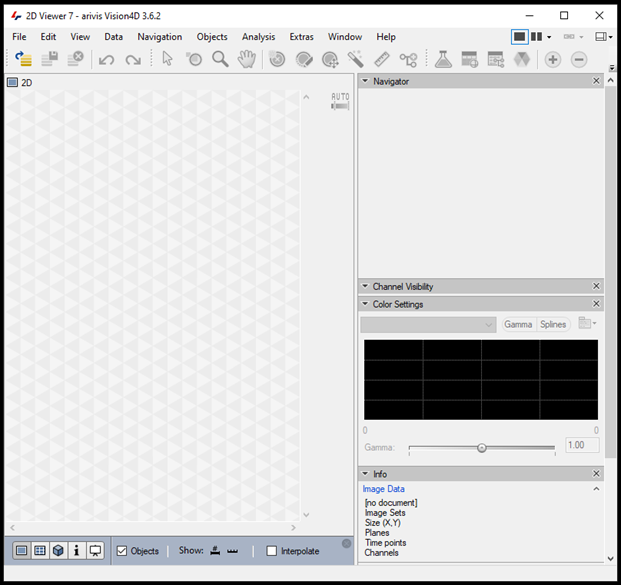 Arivis Vision4D 3.6.2 2D Viewer window with empty canvas and Color Settings panel visible