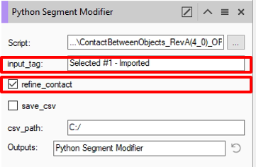 Close-up of Python Segment Modifier showing input_tag 'Selected #1 - Imported' and refine_contact on