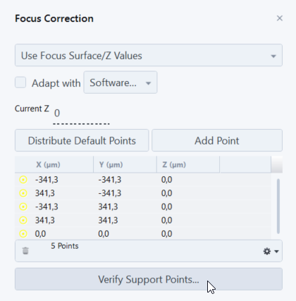 Focus Correction list showing five support points with X (µm), Y (µm), Z (µm) coordinates and Verify Support Points button.