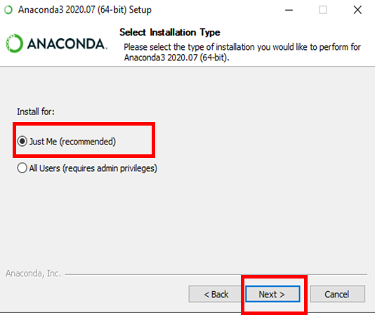 Select Installation Type window showing Just Me (recommended) selected and Next button