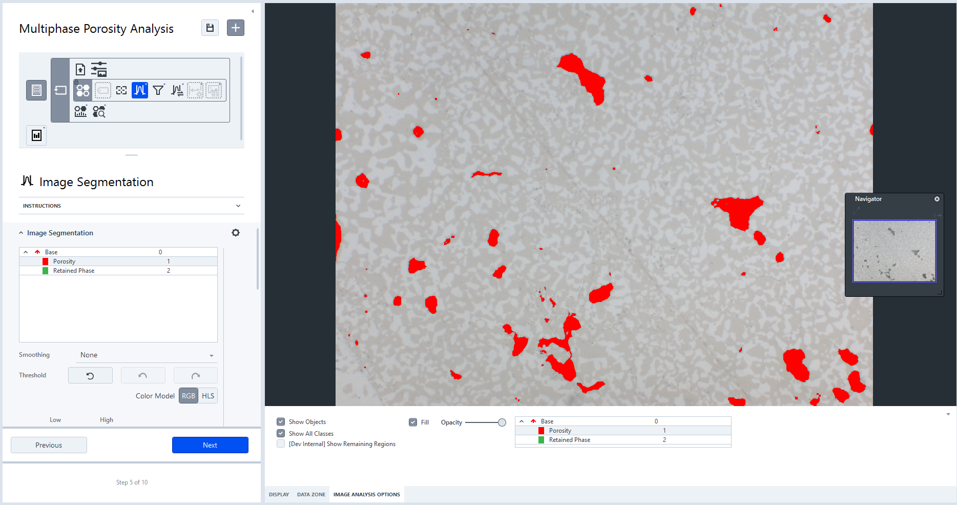 Multiphase Porosity Analysis UI showing Image Segmentation and grayscale sample with red regions labeled Porosity