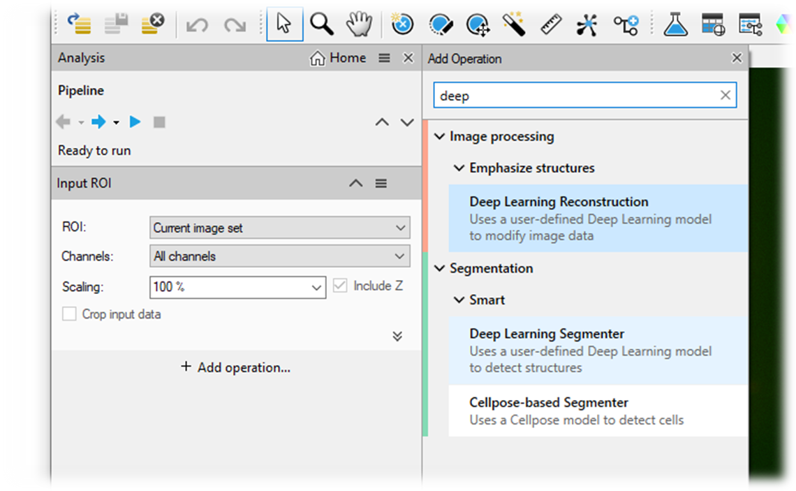 Analysis panel showing Input ROI and Add Operation search deep with Deep Learning Reconstruction and Deep Learning Segmenter