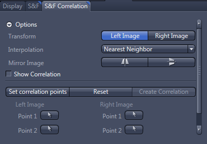 S&F Correlation: Transform Left/Right, Interpolation Nearest Neighbor, Mirror slider, Set points/Reset/Create Correlation