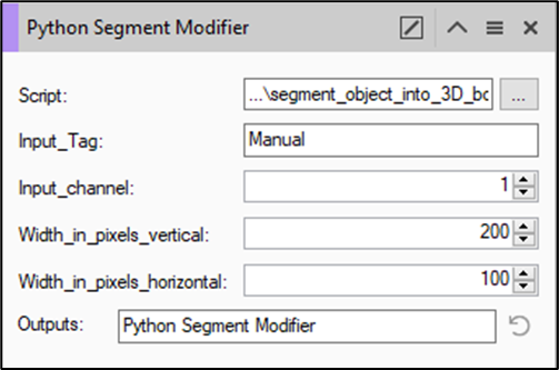 Python Segment Modifier panel with Script '...\segment_object_into_3D_bc', Input_Tag Manual, Input_channel 1, widths 200 and 100, Outputs 'Python Segment Modifier'