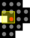 Grid of gray dots on black; yellow translucent square highlights a cell with a pale rectangle and orange dot