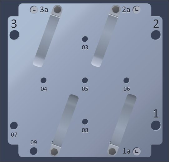 square plate with four angled straps, numbered holes 03–09, side numerals 1–3 and small L labels