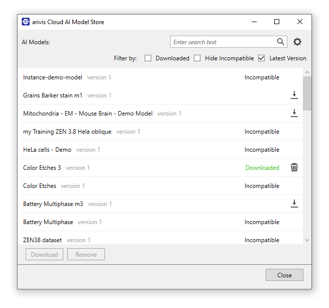 arivis Cloud AI Model Store window listing AI models with statuses like Downloaded and Incompatible