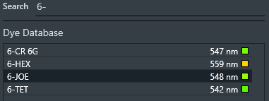 Dye Database list showing 6-CR 6G 547 nm, 6-HEX 559 nm, 6-JOE 548 nm, 6-TET 542 nm