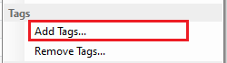 Tags menu showing an 'Add Tags...' option highlighted