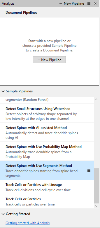 Analysis pane with '+ New Pipeline' button and Sample Pipelines list highlighting 'Detect Spines with Use Segments Method'