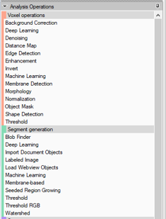 Panel titled 'Analysis Operations' with 'Voxel operations' list showing Deep Learning, Denoising and 'Segment generation'