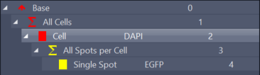 Hierarchical list: Base (0); All Cells (1) → Cell: DAPI (2); All Spots per Cell (3) → Single Spot: EGFP (4)