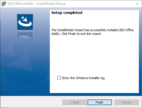 Setup completed InstallShield dialog for ZEN Office AddIn with Finish button