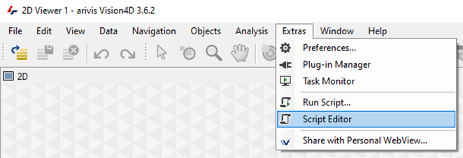 Arivis Vision4D 3.6.2 2D Viewer with Extras menu open and Script Editor highlighted