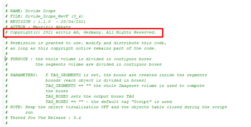 Commented script header showing 'NAME: Divide Scope' and highlighted 'Copyright(c) 2021 arivis AG, Germany.'