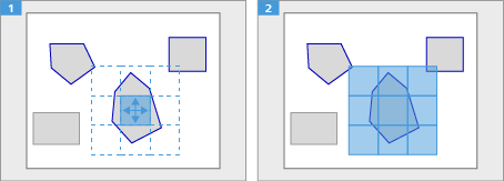 Two-panel image labeled 1 and 2: left dashed square with four-arrow cursor on blue polygon; right shows blue tiled overlay.