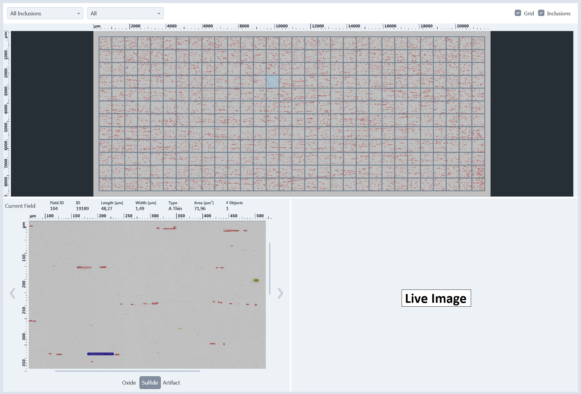 Specimen field grid with red inclusion marks, current field preview at left and 'Live Image' placeholder at right.