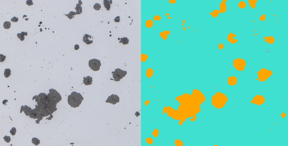 Side-by-side images: left original with gray debris on light background; right segmented view with turquoise background and orange regions