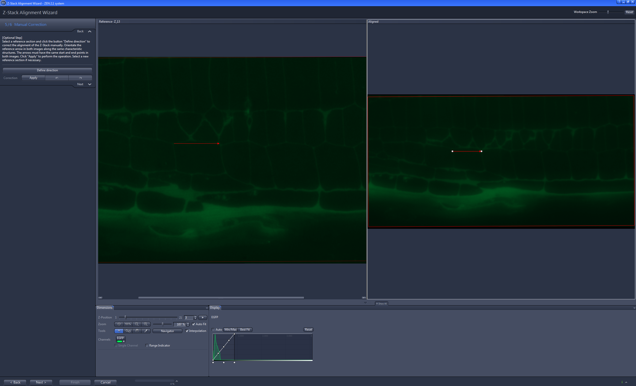 Z-Stack Alignment Wizard Alignment step with original image left and smaller aligned image preview on the right