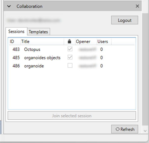 Collaboration Sessions panel listing IDs 483, 485, 486 with titles 'Octopus', 'organoides objects', 'organoide' and Users column all 0