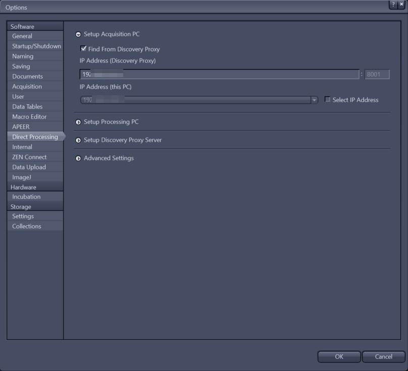 Options dialog showing 'Setup Acquisition PC' with 'Find From Discovery Proxy' checked and discovery IP and local IP fields