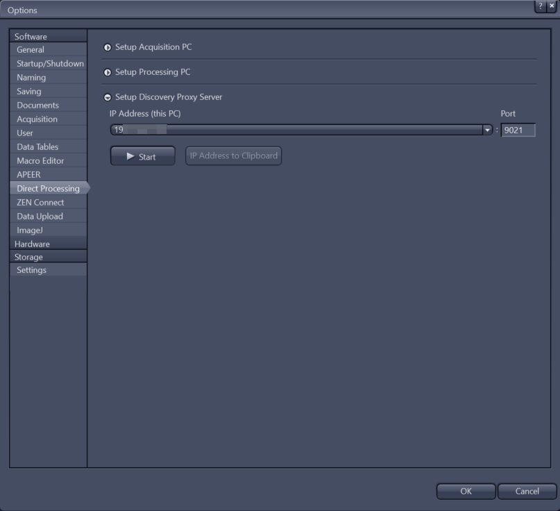 Options dialog: Direct Processing > Setup Discovery Proxy Server with IP Address field, Port 9021, Start button