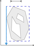 Gray irregular polygon with small inner cutout inside dashed blue rectangle and left blue vertical measurement arrow