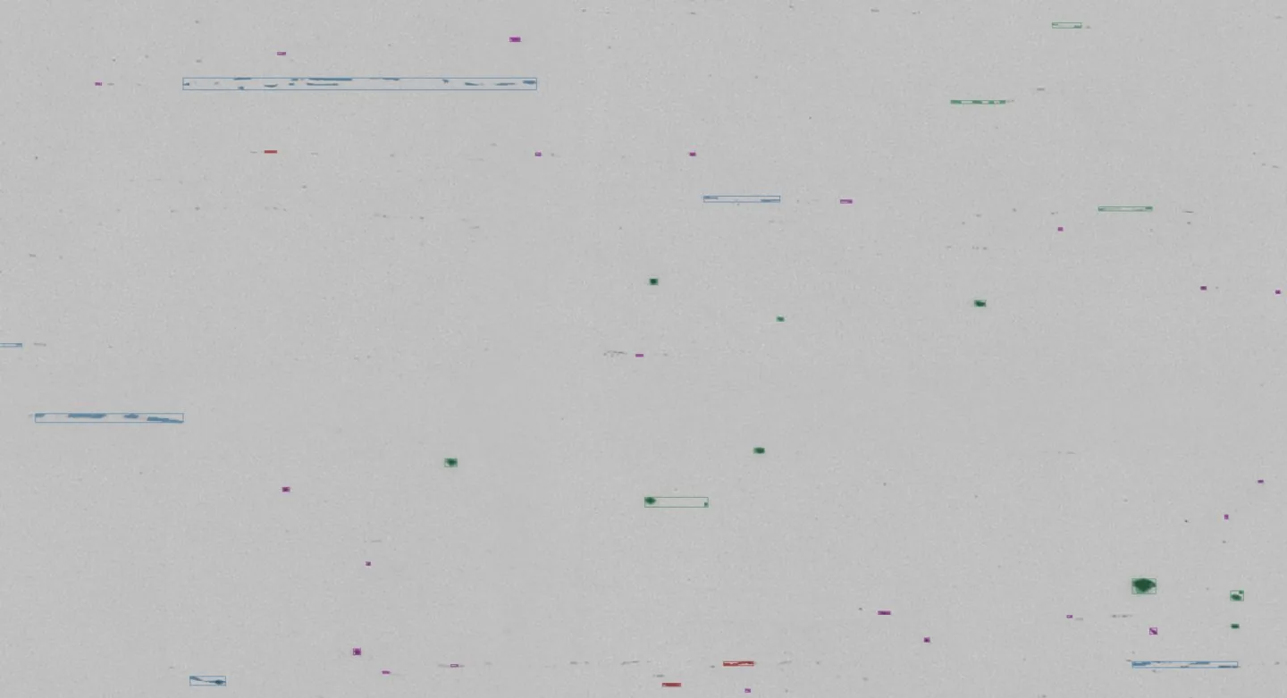 Gray background with scattered small colored rectangles and dots; inset shows a diagonal purple outlined rectangle